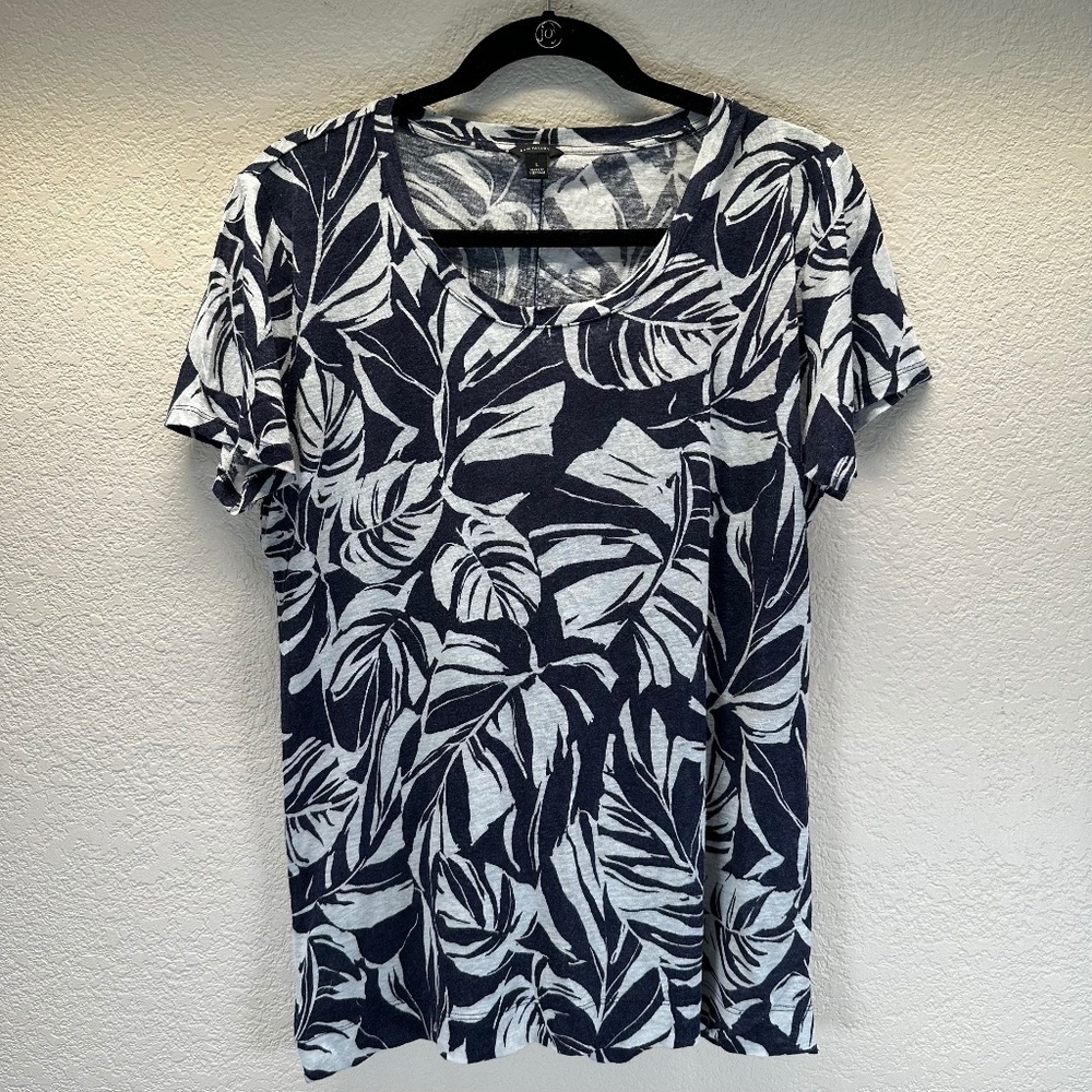 Ann Taylor Top Linen Womens L Large Short Sleeve Floral Summer Coastal Beach